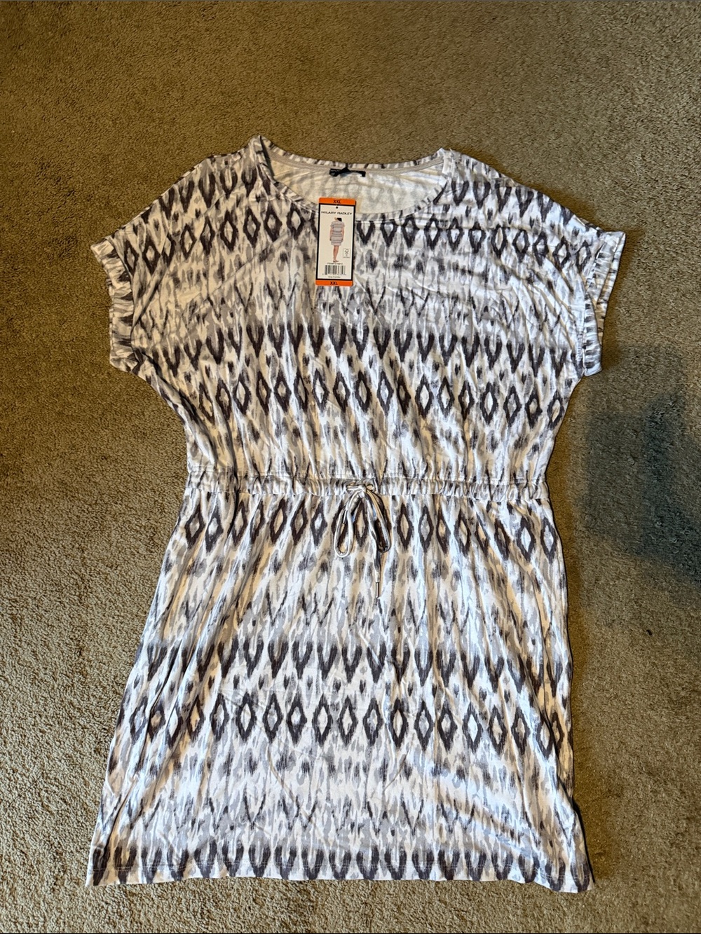 Hilary Radley Gray and White Ikat-Print Short Sleeve Dress